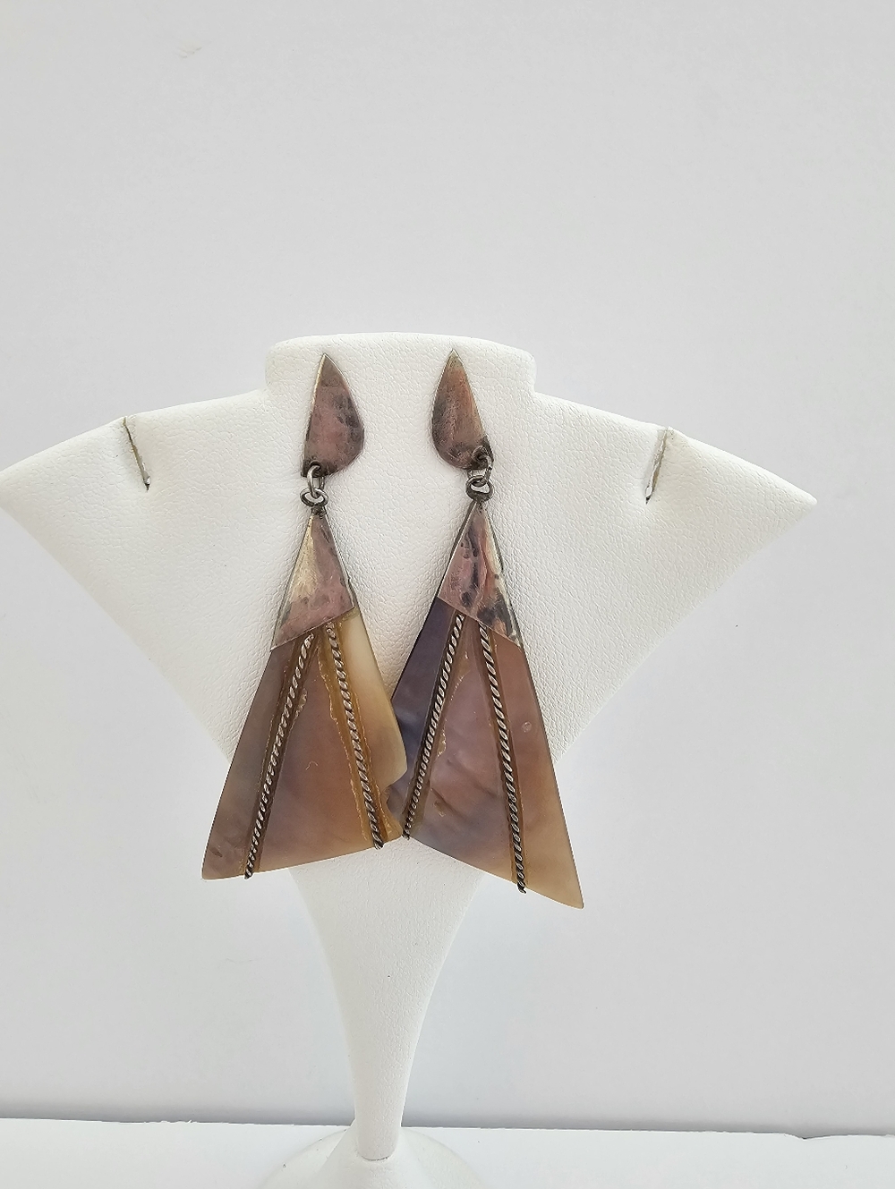 Vintage Southwestern Mother of Pearl Statement Earrings - Carved Geometric MOP - Picture 2 of 10